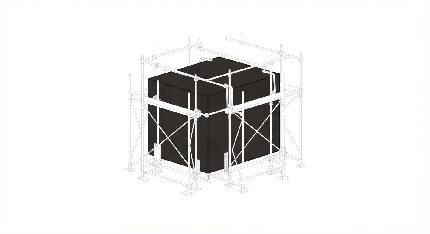 A solid black cube held in place by white scaffolding — the harness around the thing that matters