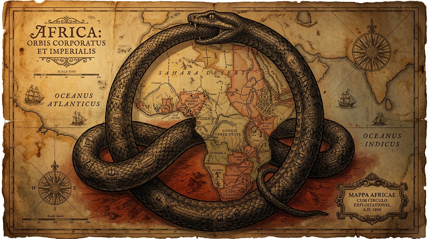 An old map of Africa coiled by an ouroboros serpent