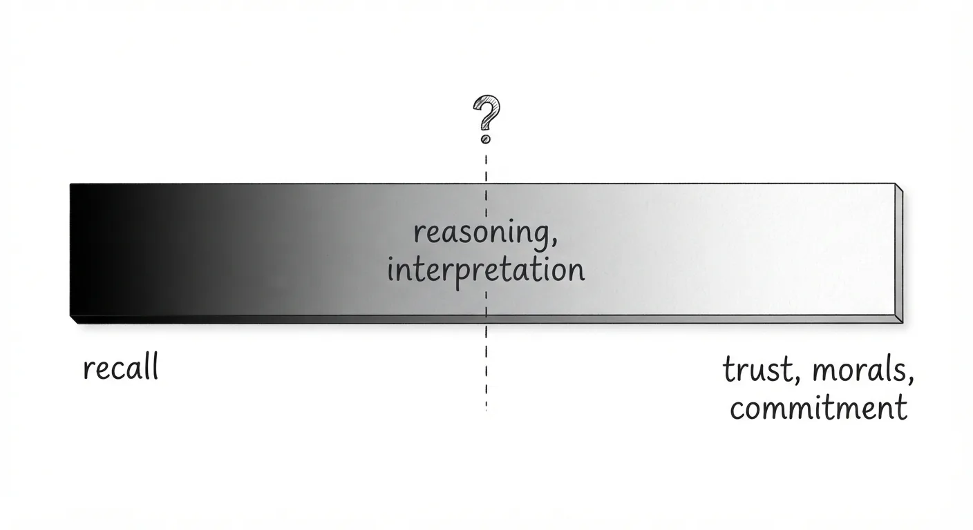 A gradient bar from black to white: 'recall' at the dark end, 'trust, morals, commitment' at the light end, and a question mark hanging over 'reasoning, interpretation' in the grey middle