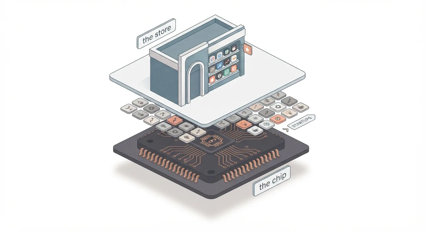 An exploded diagram: an app storefront labeled 'the store' floating above a circuit board labeled 'the chip', with startups as tiles caught between the layers