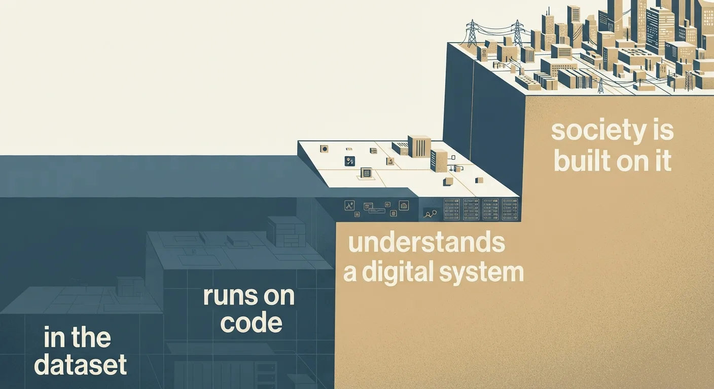 Rising water covering three lower steps labeled 'in the dataset', 'runs on code', and 'understands a digital system', while a city stands dry on the top step labeled 'society is built on it'